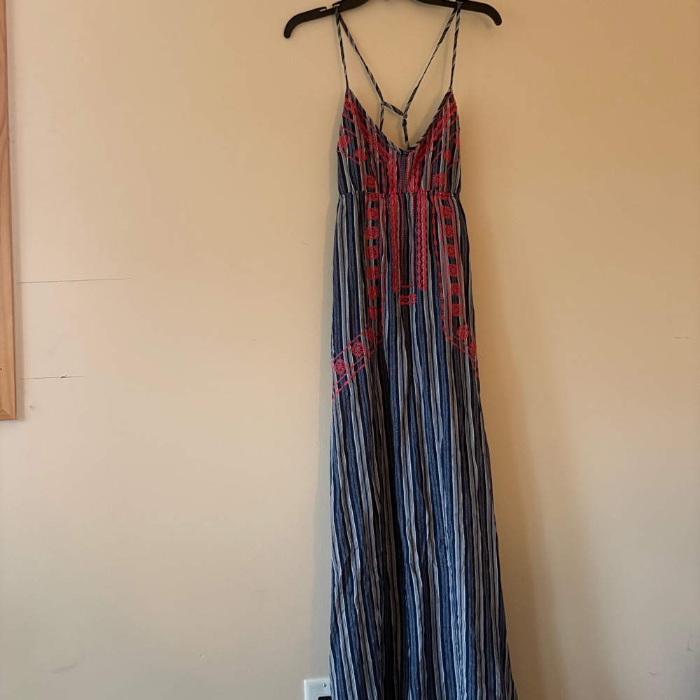 A Calin Los Angeles Striped Embroidered Maxi Dress Large Boho Open Back